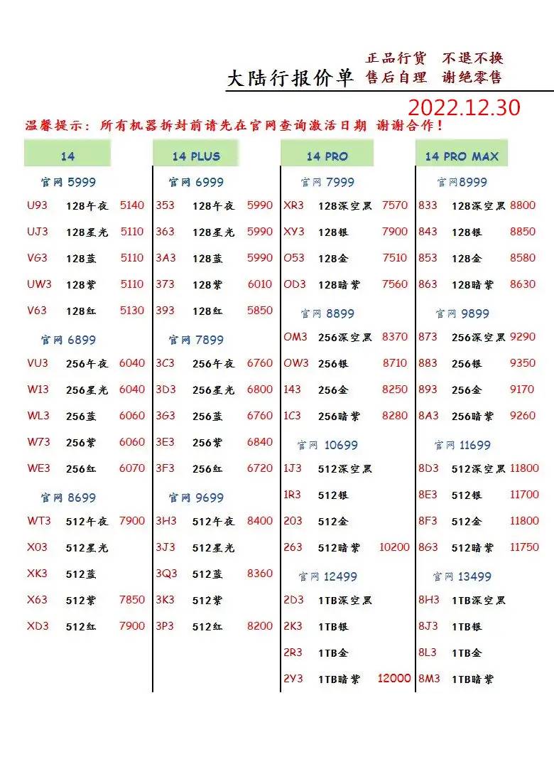 2022年12月30日华强北手机批发报价单