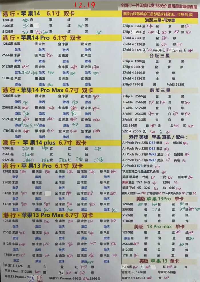 2022年12月19日华强北手机批发报价单