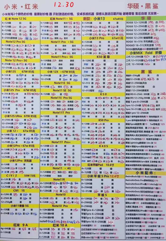 2022年12月30日华强北手机批发报价单