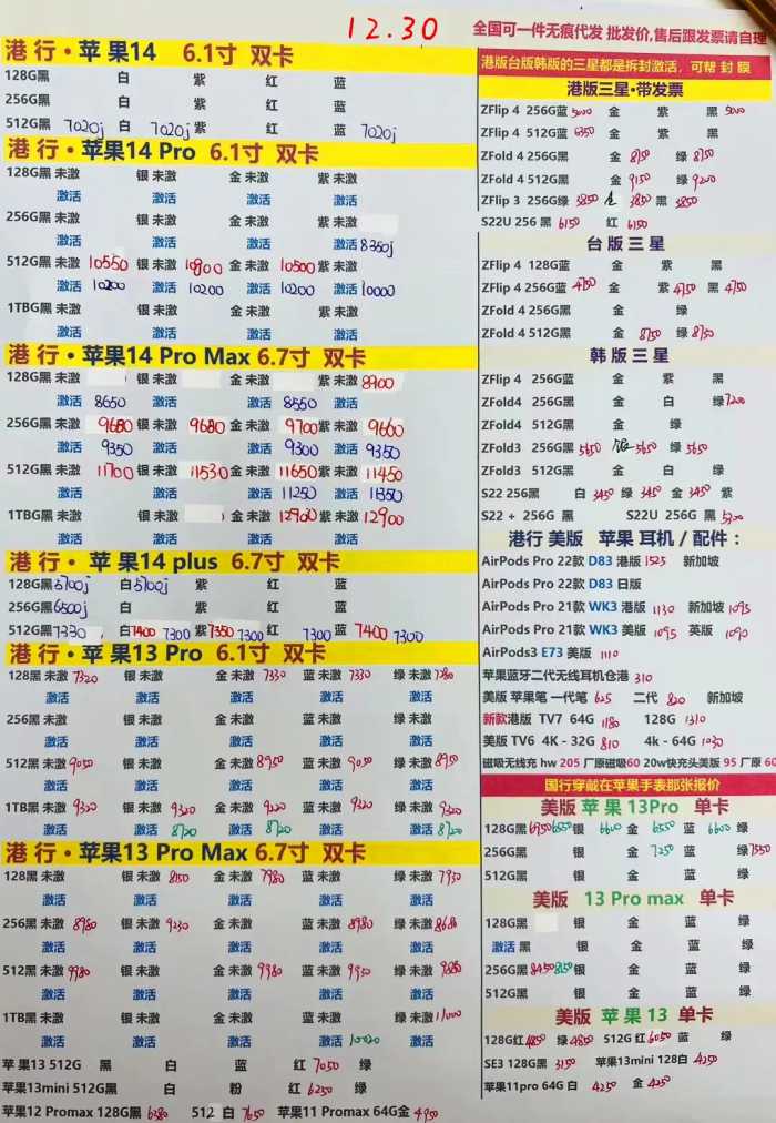 2022年12月30日华强北手机批发报价单