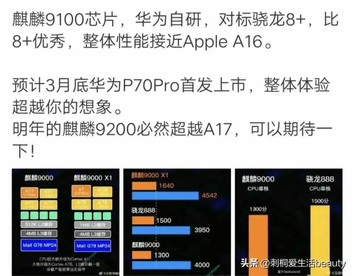 华为下一款芯片：麒麟9100，性能整体接近A16，华为P70 Pro首发